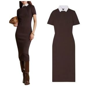 Ralph Lauren Purple Label Woven Collar Sweater Dress Womens Brown Ribbed Knit
